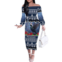 New Zealand Tui Bird Christmas Off The Shoulder Long Sleeve Dress Pohutukawa Xmas Tree Meri Kirihimete LT22 Women Blue - Polynesian Pride