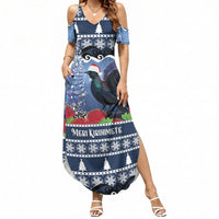 New Zealand Tui Bird Christmas Summer Maxi Dress Pohutukawa Xmas Tree Meri Kirihimete LT22 Women Blue - Polynesian Pride