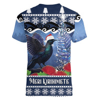 New Zealand Tui Bird Christmas Women V-Neck T-Shirt Pohutukawa Xmas Tree Meri Kirihimete LT22 - Polynesian Pride