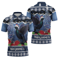 New Zealand Tui Bird Christmas Zipper Polo Shirt Pohutukawa Xmas Tree Meri Kirihimete LT22 - Polynesian Pride