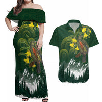 Kea Bird Kowhai New Zealand Couples Matching Off Shoulder Maxi Dress and Hawaiian Shirt Mountain Landscape Maori Art LT22 Green - Polynesian Pride
