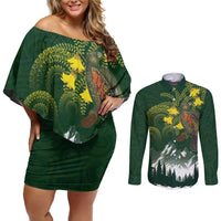 Kea Bird Kowhai New Zealand Couples Matching Off Shoulder Short Dress and Long Sleeve Button Shirt Mountain Landscape Maori Art LT22 Green - Polynesian Pride