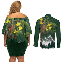 Kea Bird Kowhai New Zealand Couples Matching Off Shoulder Short Dress and Long Sleeve Button Shirt Mountain Landscape Maori Art LT22 - Polynesian Pride