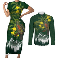 Kea Bird Kowhai New Zealand Couples Matching Short Sleeve Bodycon Dress and Long Sleeve Button Shirt Mountain Landscape Maori Art LT22 Green - Polynesian Pride