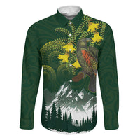 Kea Bird Kowhai New Zealand Family Matching Mermaid Dress and Hawaiian Shirt Mountain Landscape Maori Art LT22 Dad's Shirt - Long Sleeve Green - Polynesian Pride