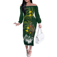 Kea Bird Kowhai New Zealand Off The Shoulder Long Sleeve Dress Mountain Landscape Maori Art LT22 Women Green - Polynesian Pride