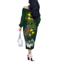 Kea Bird Kowhai New Zealand Off The Shoulder Long Sleeve Dress Mountain Landscape Maori Art LT22 - Polynesian Pride
