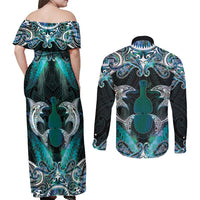 New Zealand Kotiate Weapon Couples Matching Off Shoulder Maxi Dress and Long Sleeve Button Shirt Aotearoa Mango Paua Shell Maori Pattern