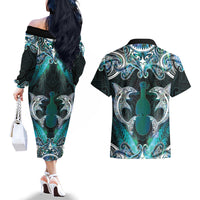 New Zealand Kotiate Weapon Couples Matching Off The Shoulder Long Sleeve Dress and Hawaiian Shirt Aotearoa Mango Paua Shell Maori Pattern