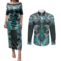 New Zealand Kotiate Weapon Couples Matching Puletasi and Long Sleeve Button Shirt Aotearoa Mango Paua Shell Maori Pattern LT22 Blue - Polynesian Pride