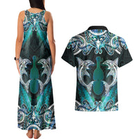New Zealand Kotiate Weapon Couples Matching Tank Maxi Dress and Hawaiian Shirt Aotearoa Mango Paua Shell Maori Pattern