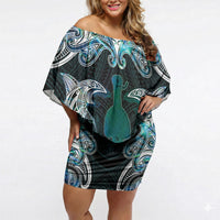 New Zealand Kotiate Weapon Off Shoulder Short Dress Aotearoa Mango Paua Shell Maori Pattern LT22 Women Blue - Polynesian Pride