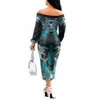New Zealand Kotiate Weapon Off The Shoulder Long Sleeve Dress Aotearoa Mango Paua Shell Maori Pattern LT22 - Polynesian Pride