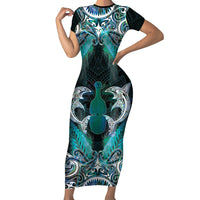 New Zealand Kotiate Weapon Short Sleeve Bodycon Dress Aotearoa Mango Paua Shell Maori Pattern LT22 Long Dress Blue - Polynesian Pride