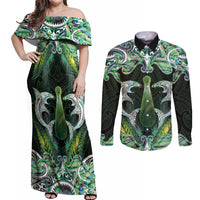 New Zealand Mere Pounamu Weapon Couples Matching Off Shoulder Maxi Dress and Long Sleeve Button Shirt Aotearoa Mango Paua Shell Maori Pattern