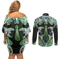 New Zealand Mere Pounamu Weapon Couples Matching Off Shoulder Short Dress and Long Sleeve Button Shirt Aotearoa Mango Paua Shell Maori Pattern LT22 - Polynesian Pride