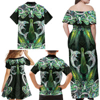 New Zealand Mere Pounamu Weapon Family Matching Off Shoulder Maxi Dress and Hawaiian Shirt Aotearoa Mango Paua Shell Maori Pattern