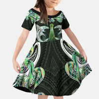 New Zealand Mere Pounamu Weapon Kid Short Sleeve Dress Aotearoa Mango Paua Shell Maori Pattern LT22 KID Green - Polynesian Pride