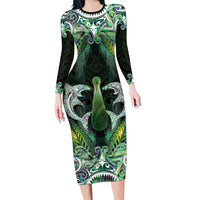 New Zealand Mere Pounamu Weapon Long Sleeve Bodycon Dress Aotearoa Mango Paua Shell Maori Pattern LT22 Long Dress Green - Polynesian Pride