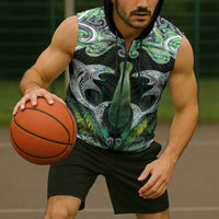 New Zealand Mere Pounamu Weapon Sleeveless Zip Hoodie Aotearoa Mango Paua Shell Maori Pattern