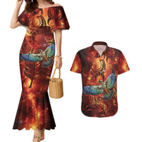 New Zealand Kea Bird Matariki Personalised Couples Matching Mermaid Dress and Hawaiian Shirt Silver Fern Maori Pattern LT22 Orange - Polynesian Pride