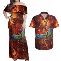 New Zealand Kea Bird Matariki Personalised Couples Matching Off Shoulder Maxi Dress and Hawaiian Shirt Silver Fern Maori Pattern LT22 Orange - Polynesian Pride