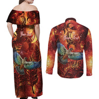 New Zealand Kea Bird Matariki Personalised Couples Matching Off Shoulder Maxi Dress and Long Sleeve Button Shirt Silver Fern Maori Pattern
