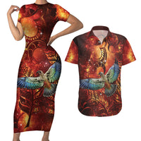 New Zealand Kea Bird Matariki Personalised Couples Matching Short Sleeve Bodycon Dress and Hawaiian Shirt Silver Fern Maori Pattern LT22 Orange - Polynesian Pride