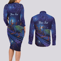 Takahe New Zealand Personalised Couples Matching Long Sleeve Bodycon Dress and Long Sleeve Button Shirt Harakeke Silver Fern Maori Pattern LT22 - Polynesian Pride