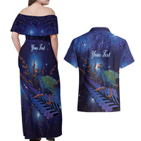 Takahe New Zealand Personalised Couples Matching Off Shoulder Maxi Dress and Hawaiian Shirt Harakeke Silver Fern Maori Pattern
