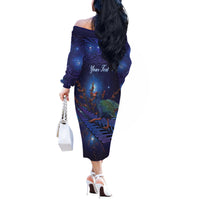 Takahe New Zealand Personalised Off The Shoulder Long Sleeve Dress Harakeke Silver Fern Maori Pattern