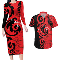 New Zealand Matariki Couples Matching Long Sleeve Bodycon Dress and Hawaiian Shirt Maori New Year Koru Pattern LT22 Red - Polynesian Pride