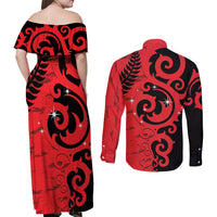New Zealand Matariki Couples Matching Off Shoulder Maxi Dress and Long Sleeve Button Shirt Maori New Year Koru Pattern