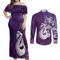 New Zealand Matariki Couples Matching Off Shoulder Maxi Dress and Long Sleeve Button Shirt Maori Manaia Galaxy Silver Fern Purple Color LT22 Purple - Polynesian Pride
