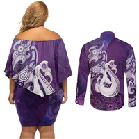 New Zealand Matariki Couples Matching Off Shoulder Short Dress and Long Sleeve Button Shirt Maori Manaia Galaxy Silver Fern Purple Color LT22 - Polynesian Pride