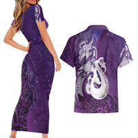New Zealand Matariki Couples Matching Short Sleeve Bodycon Dress and Hawaiian Shirt Maori Manaia Galaxy Silver Fern Purple Color LT22 - Polynesian Pride