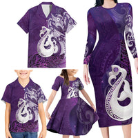 New Zealand Matariki Family Matching Long Sleeve Bodycon Dress and Hawaiian Shirt Maori Manaia Galaxy Silver Fern Purple Color LT22 - Polynesian Pride