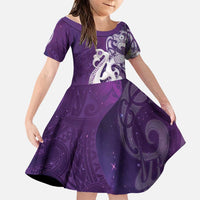 New Zealand Matariki Family Matching Puletasi and Hawaiian Shirt Maori Manaia Galaxy Silver Fern Purple Color LT22 Daughter's Dress Purple - Polynesian Pride