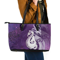 New Zealand Matariki Leather Tote Bag Maori Manaia Galaxy Silver Fern Purple Color LT22 - Polynesian Pride