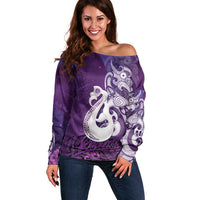 New Zealand Matariki Off Shoulder Sweater Maori Manaia Galaxy Silver Fern Purple Color