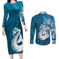 New Zealand Matariki Couples Matching Long Sleeve Bodycon Dress and Long Sleeve Button Shirt Maori Manaia Galaxy Silver Fern Blue Color LT22 Blue - Polynesian Pride