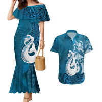 New Zealand Matariki Couples Matching Mermaid Dress and Hawaiian Shirt Maori Manaia Galaxy Silver Fern Blue Color LT22 Blue - Polynesian Pride