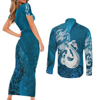 New Zealand Matariki Couples Matching Short Sleeve Bodycon Dress and Long Sleeve Button Shirt Maori Manaia Galaxy Silver Fern Blue Color LT22 - Polynesian Pride
