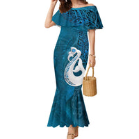 New Zealand Matariki Family Matching Mermaid Dress and Hawaiian Shirt Maori Manaia Galaxy Silver Fern Blue Color LT22 Mom's Dress Blue - Polynesian Pride