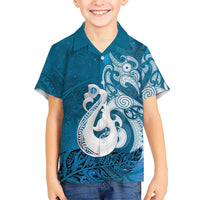 New Zealand Matariki Family Matching Tank Maxi Dress and Hawaiian Shirt Maori Manaia Galaxy Silver Fern Blue Color LT22 Son's Shirt Blue - Polynesian Pride