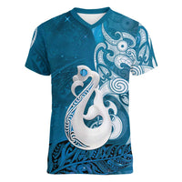 New Zealand Matariki Women V-Neck T-Shirt Maori Manaia Galaxy Silver Fern Blue Color LT22 Female Blue - Polynesian Pride