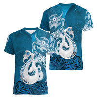 New Zealand Matariki Women V-Neck T-Shirt Maori Manaia Galaxy Silver Fern Blue Color LT22 - Polynesian Pride