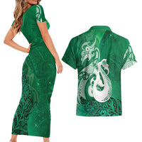 New Zealand Matariki Couples Matching Short Sleeve Bodycon Dress and Hawaiian Shirt Maori Manaia Galaxy Silver Fern Green Color LT22 - Polynesian Pride
