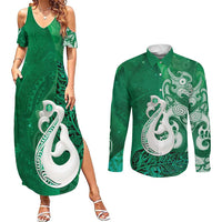 New Zealand Matariki Couples Matching Summer Maxi Dress and Long Sleeve Button Shirt Maori Manaia Galaxy Silver Fern Green Color LT22 Green - Polynesian Pride