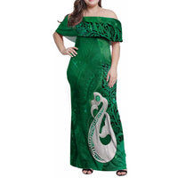 New Zealand Matariki Family Matching Off Shoulder Maxi Dress and Hawaiian Shirt Maori Manaia Galaxy Silver Fern Green Color LT22 Mom's Dress Green - Polynesian Pride